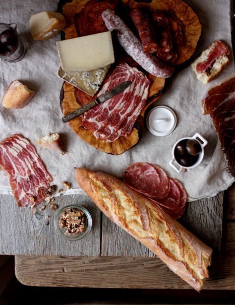 Charcuterie on table with bread